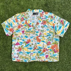 Vintage 90’s Y2K Boxy Cropped Colorful Camp Collar Button Up Hawaiian Shirt Lrg